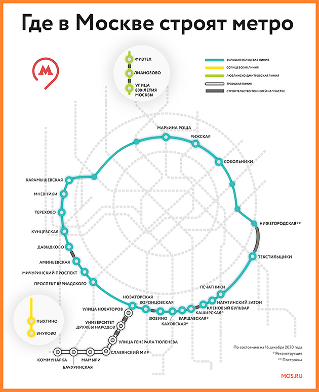 Город: в Москве за год откроют 11 станций Большой кольцевой линии метро