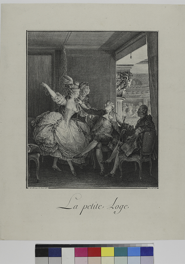 «В ложе (Небольшая ложа)». Лист из серии «Памятное свидетельство о моде и манерах». Франция. Автор рисунка Пата Ж. Моро Ж. (1741 — 1814). Период создания доски: 1776-1777