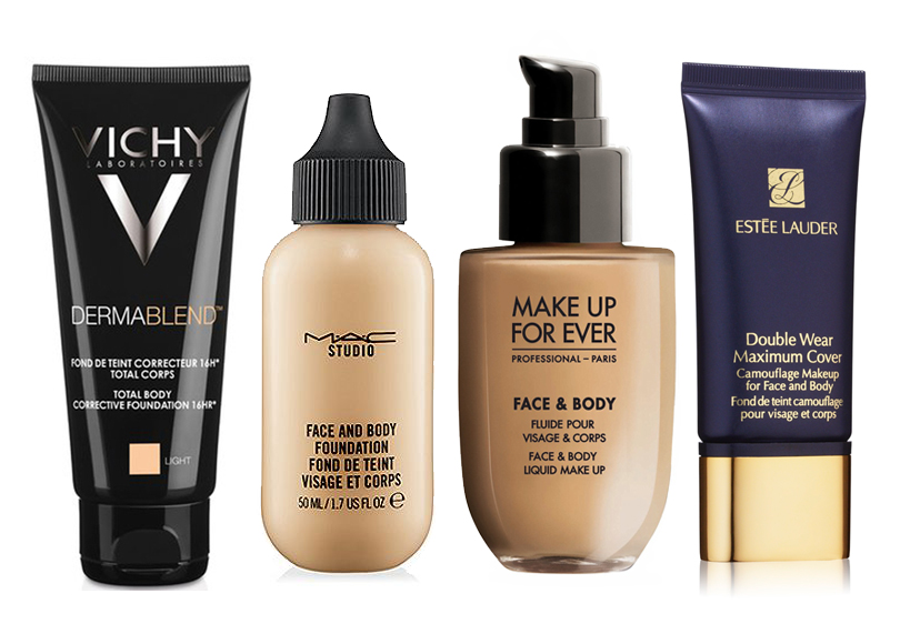 Плотные тональные основы для тела и лица: 
Vichy Dermablend Total Body Corrective Foundation,
MAC Studio Face And Body Foundation,
Make Up For Ever Face & Body Liquid Make-Up и
Estée Lauder Double Wear Maximum Cover Camouflage Makeup for Face & Body