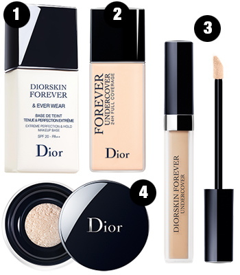 1. База под макияж Diorskin Forever and Ever Wear Primer
2. Тональное средство Diorskin Undercover Foundation
3. Консилер Diorskin Forever Undercover Concealer
4. Пудра Diorskin Forever and Ever Control Loose Powder 