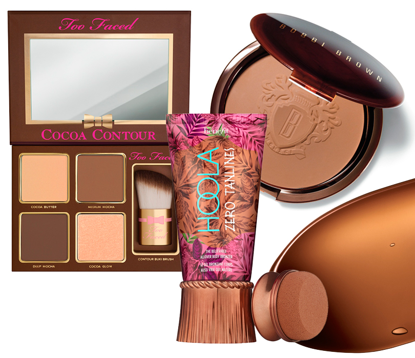 Бронзеры для тела Too Faced Cocoa Contour Deep body bronzer и Benefit Hoola Zero Tanlines Bronzer,
пудровый бронзер для лица и тела Bobbi Brown Face & Body Bronzing Powder