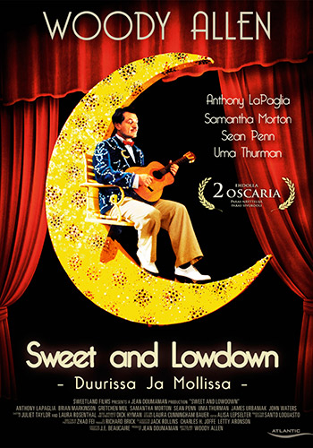 «Сладкий и гадкий» (Sweet and Lowdown), 1999
Режиссер — Вуди Аллен. В ролях: Шон Пенн, Саманта Мортон, Ума Турман. Саундтрек — Джанго Рейнхардт и прочий весь этот джаз
