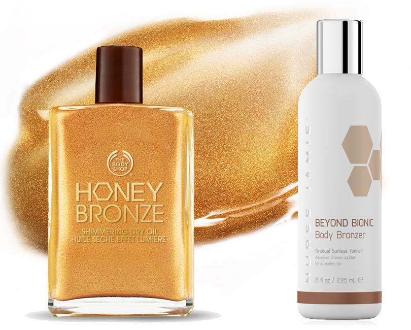 Сухое масло с шиммерным эффектом The Body Shop Honey Bronze Shimmering Dry Oil, увлажняющий лосьон с эффектом постепенного загара Nurse Jamie Beyond Bionic Body Bronzer