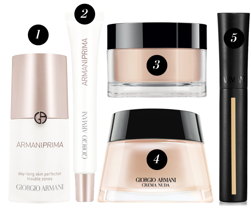 Giorgio Armani Prima day-long­skin perfector, Giorgio Armani Prima­ Lip & Eye contour perf­ector, Giorgio Armani Crema Nuda N3, Giorgio Armani Loose Powder N2, Giorgio Armani High-Precision Retouch N3