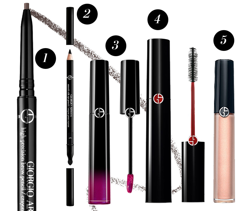 Giorgio Armani High-Precision Brow Pencil N2, Giorgio Armani Smooth Silk Eye Pencil N4, Giorgio Armani Extasy La­quer N600, Giorgio Armani Black­Extasy N1, Giorgio Armani Flash Laquer N103 