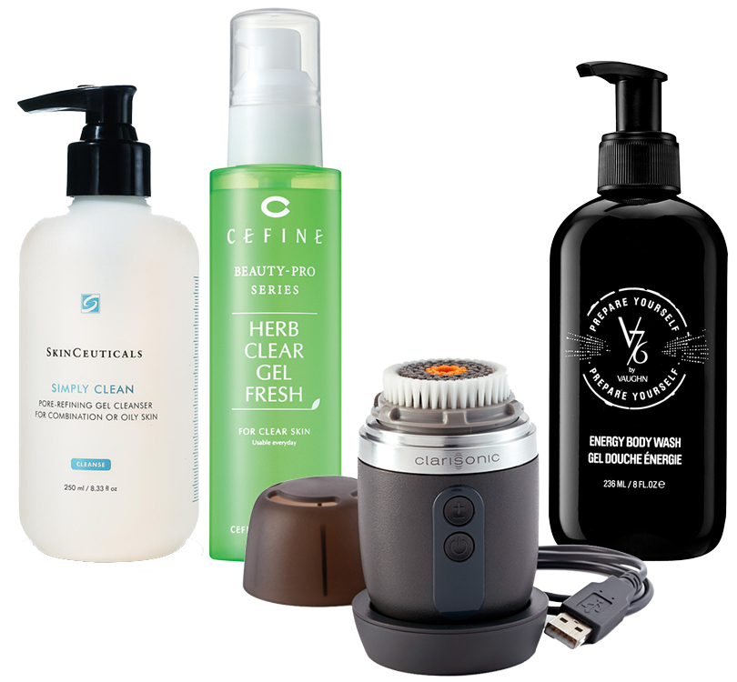 Simply Clean от SkinCeuticals; Herb Clear Gel Fresh от Cefine; Alpha Fit от Clarisonic; Shower Gel от V76 by Vaughn